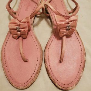 Chanel Rhinestone CC Bow T-strap Flat Leather Sand